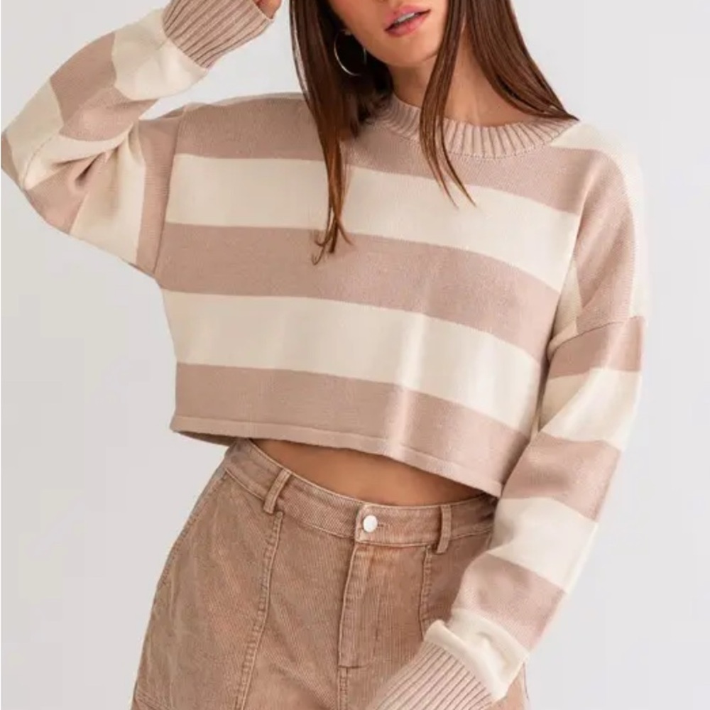 Cozy Tan and Cream Striped Crew Neck Sweater